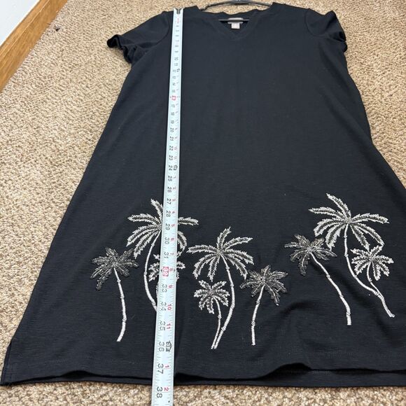 Chico’s Black V Neck T Shirt Dress Beaded Palm Trees Resort Womens Sz 1 / Medium - Picture 10 of 10